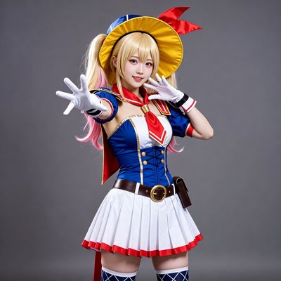 Blonde anime girl in yellow hat cosplay