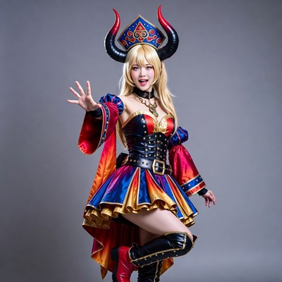 Blonde woman in colorful demon horns cosplay