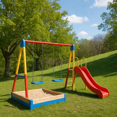 Colorful playground swings slide sandbox