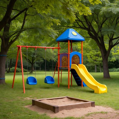 Colorful playground with swings and slide