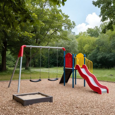 Colorful playground with slide and swings