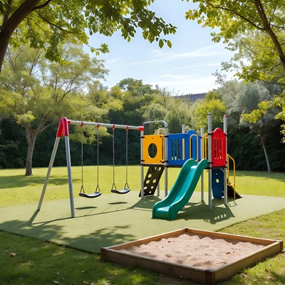Colorful playground with swings and slide