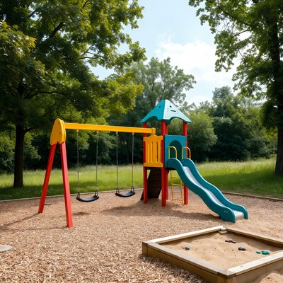 Colorful playground with swings and slide