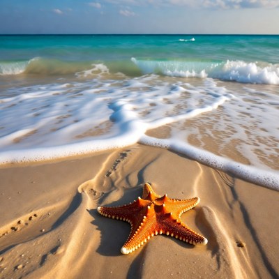 Starfish on sandy beach with waves