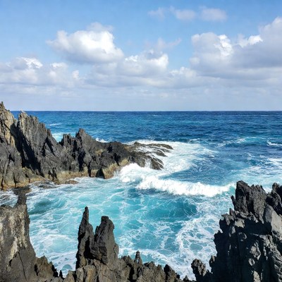Ocean Waves Crashing on Black Volcanic Rocks