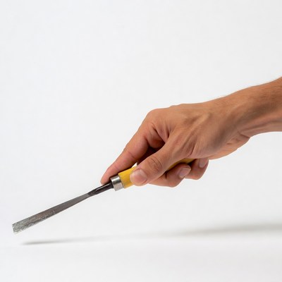 Man's hand holding yellow chisel