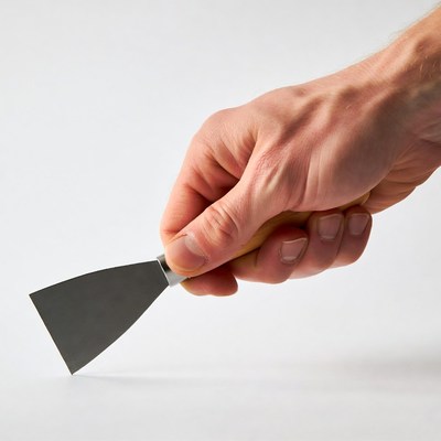 Man's hand holding putty knife