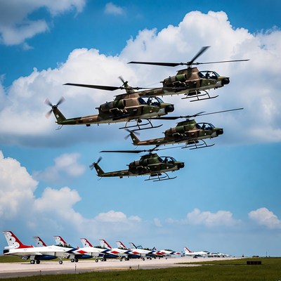 Military Helicopters Flying Over Airplanes
