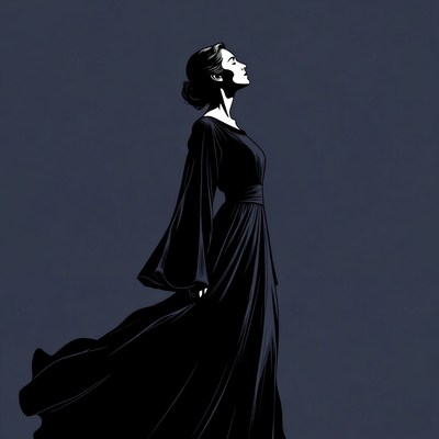 Woman in flowing black dress silhouette