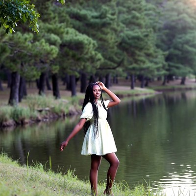 African-American woman in yellow dress by lake