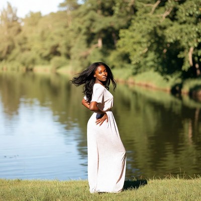 Black woman in white dress by lake