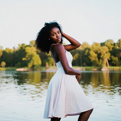 African-American woman in white dress by lake