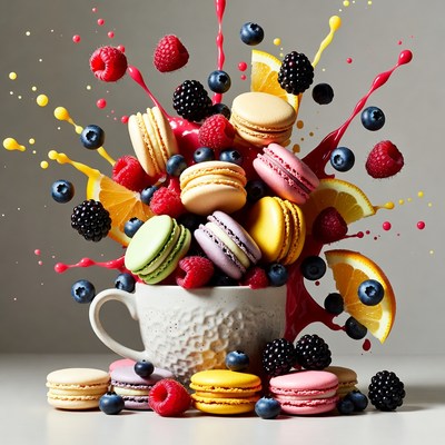 Macarons and Berries Splashing in Cup