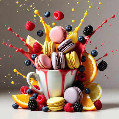 Macarons and Berries Splashing from Cup