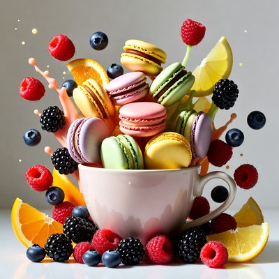 Colorful Macarons in Pink Cup with Berries