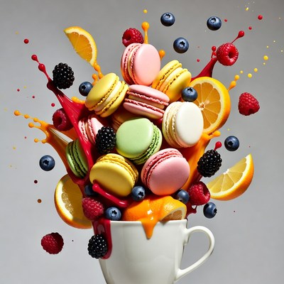 Colorful Macarons Splashing from White Cup