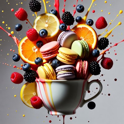 Teacup Overflowing with Macarons and Berries