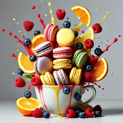 Colorful Macarons with Splashing Berries and Citrus