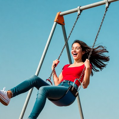 Young woman swinging on playground swing