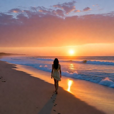 Woman walking on sunset beach
