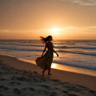 Woman walking on beach at sunset