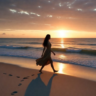 Woman walking on beach at sunset