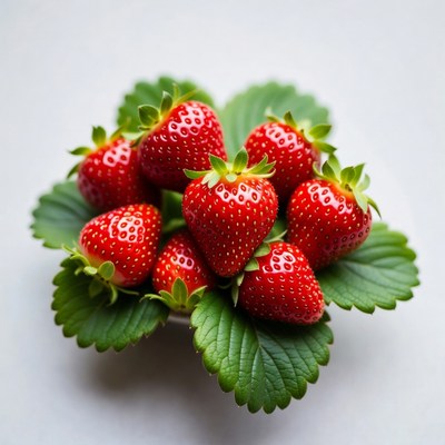 Fresh Strawberries on Green Leaves
