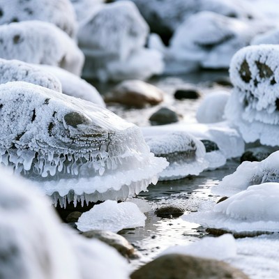 Frost-covered rocks in icy stream