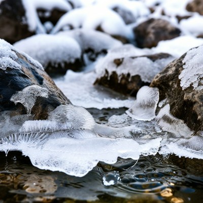 Snow-Covered Rocks and Icy Stream