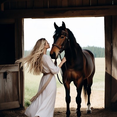 Blonde woman holding horse in barn