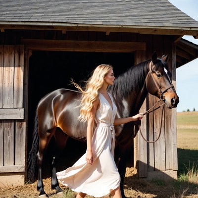 Blonde woman leading horse barn