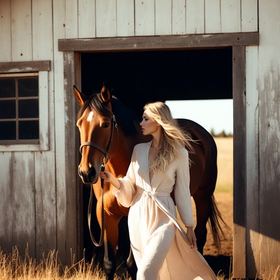 Blonde woman holding horse by barn