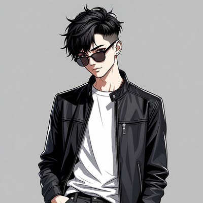 Anime guy in leather jacket and sunglasses