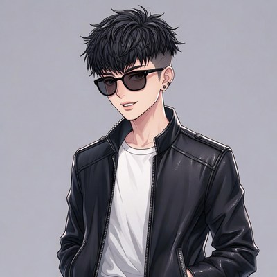 Anime boy in black leather jacket