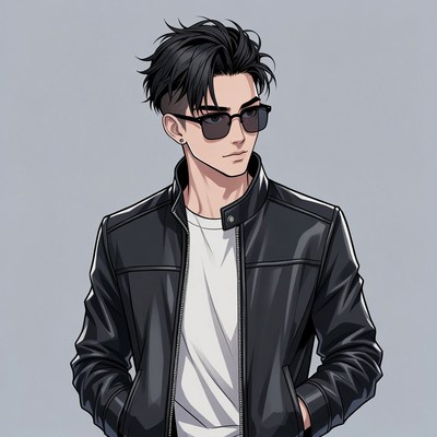 Anime man in leather jacket and sunglasses