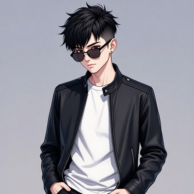 Anime boy in leather jacket and sunglasses