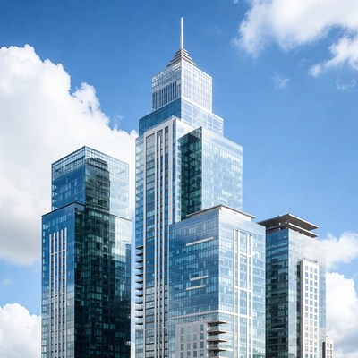 Modern glass skyscrapers under blue sky