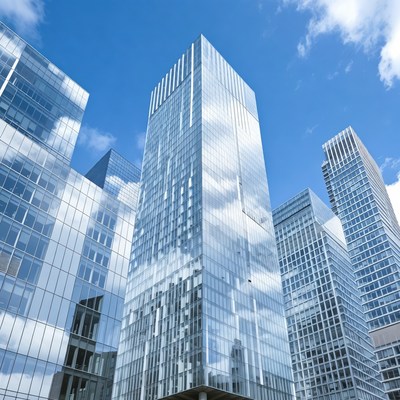 Modern glass skyscrapers under blue sky