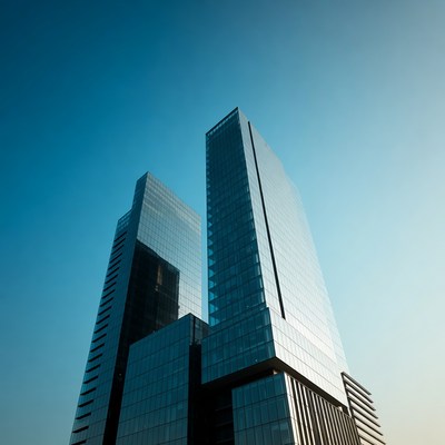 Modern Glass Skyscrapers Against Blue Sky