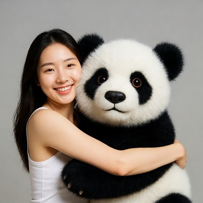 Asian woman hugging giant panda plush