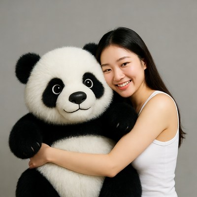 Asian woman hugging giant panda plush