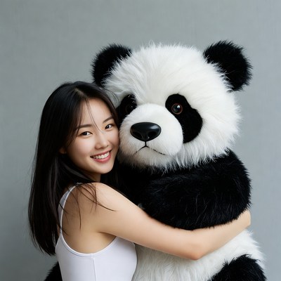 Asian woman hugging giant panda plush