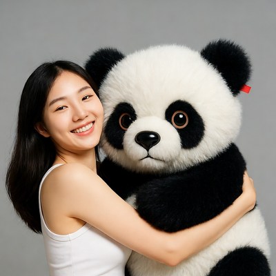 Asian woman hugging giant panda plush