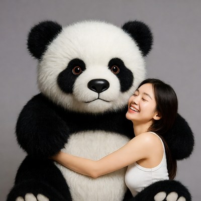 Asian woman hugging giant panda plush