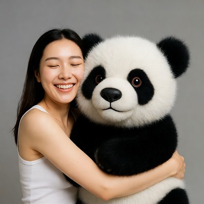 Asian woman hugging giant panda plush