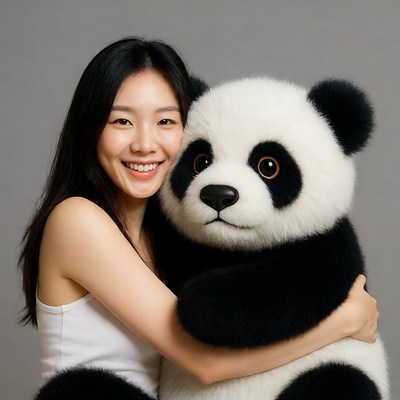 Asian woman hugging giant panda plush