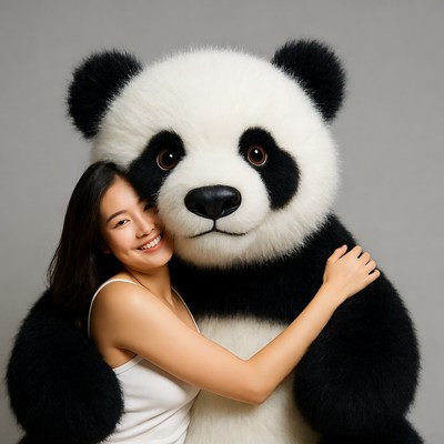 Asian woman hugging giant panda plush