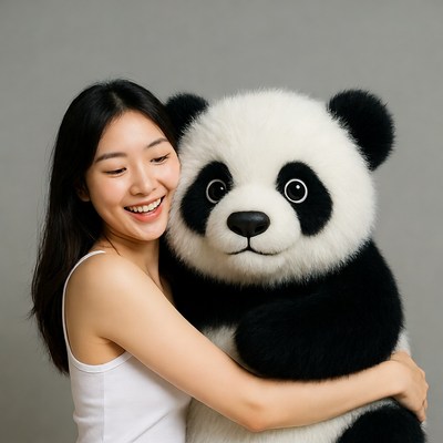 Asian woman hugging giant panda plush