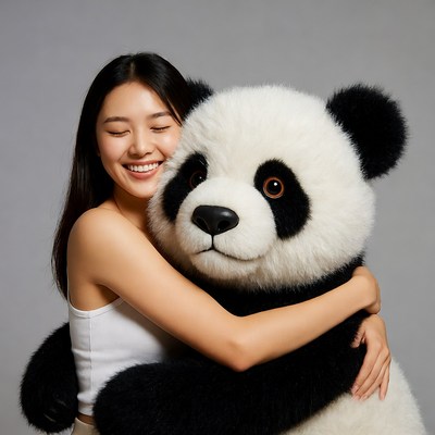 Asian woman hugging giant panda plush