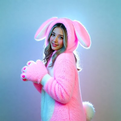Asian woman in pink bunny costume